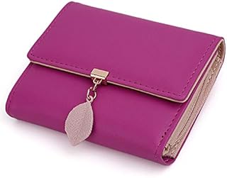 UTO Ladies Card Purse RFID Blocking Small Wallets for Women Leaf Pendant 5 Slots 1 Photo Window Zipper Coin Pocket Faux Leather Grey
