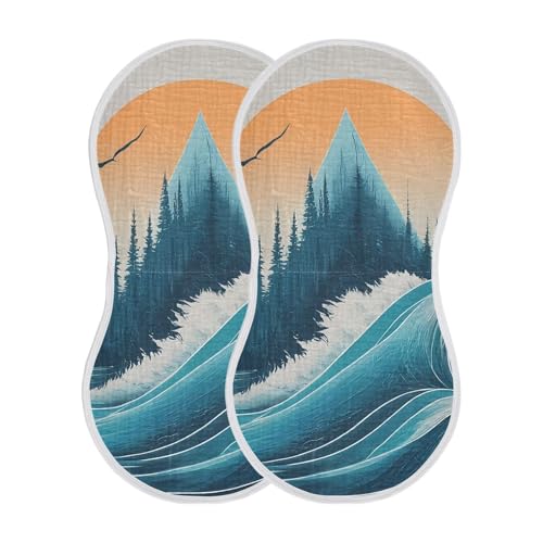 Muslin Burp Cloth for Baby 2PCS Sunset Mountain Sea Waves Super Absorbent Burping Cloths, Bibs for Newborn Boys Girls