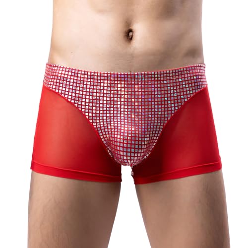 GENEMEN Mens Sequin Underwear Boxer Briefs Sexy Panties Nightclub Party Underpants (Red, XL)