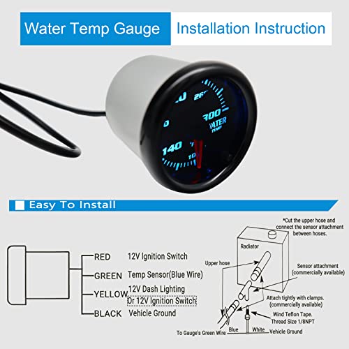 7 Color Water Temp Gauge 100 - 300 Fahrenheit Water Coolant Temperature Gage 2-1/16" 52Mm Led Backlight Black Water Temp Meter With Water Temp Sensor #TOP4