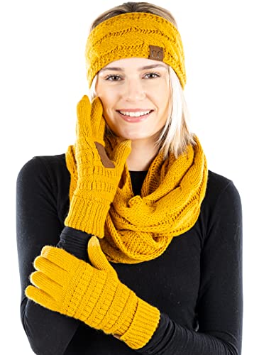 Funky Junque Cable Knit Headwrap, Glove & Scarf Bundle: Mustard