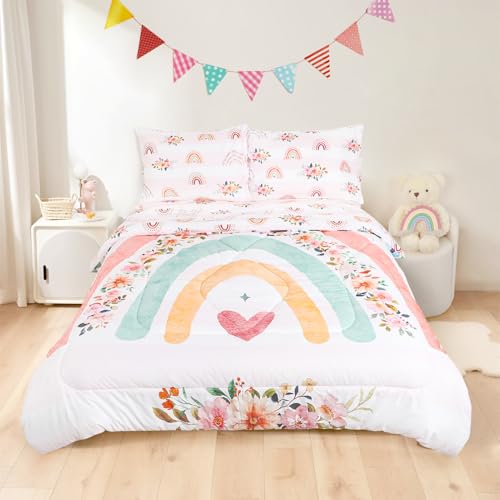 Image of Toddler Bedding Sets Twin Size for Girls, Rainbow Toddler Crib Bedding Set 5 Piece Floral Toddler Comforter Set Includes Flat Top Sheet, Fitted Sheet, Comforter, Envelope Pillowcase, Soft & Comfort