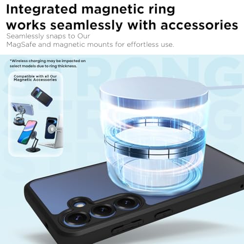 Image of RIGGEAR Shockproof Sleek Hybrid Armor 360 Rotating Magnetic Ring Stand Back Cover Case Compatible with MagSafe Accessories for Samsung Galaxy S25 (Clear PC + Black TPU Bumper)