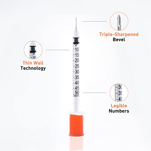 Image of U-100 0.5cc 30g 5 /16 inch (8mm) Syringe with Needle, Individually Wrapped, Pack of 20