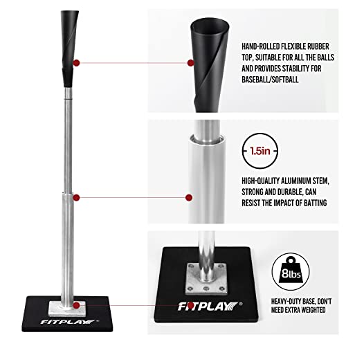 Fitplay Baseball Batting Tee - Portable Hitting Tee For Baseball/Softball With Handrolled Flexible Rubber Top, Premium Baseball Tee,Easy Adjust Height 24-46 Inch For Kids Or Adults, Black #TOP2