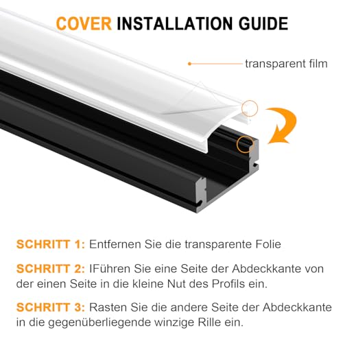 Angdarun Perfil de aluminio LED negro, perfil de tira LED 6 paquetes x 1 m en forma de V, riel de tira LED, difusor LED con puntas (blanco + negro U form 6 Stück) - imagen 6