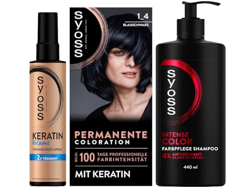 SYOSS Coloration 1_4 Blauschwarz (115 ml), 100% Grauabdeckung & Volumen Föhnschutz-Spray (200 ml), Hitzeschutz bis zu 230 °C, mit Keratin & Gliss Shampoo Colour Perfector (250 ml)