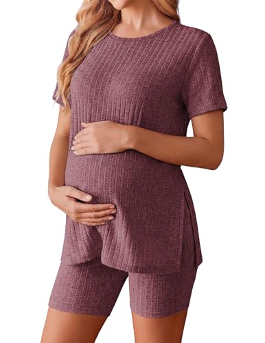 Image of Ekouaer Maternity Sets 2 Piece Outfits Ribbed Knit Short Sleeve Shirts and Biker Shorts Pregnancy Loungewear Mama Clothes