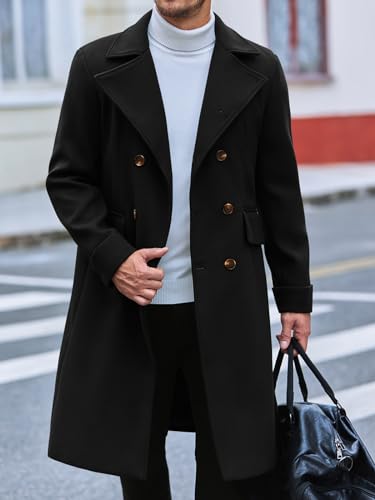 Runcati Mens Trench Coat Notch Lapel Slim Fit Double Breasted Long Pea Coat Winter Warm Overcoat2