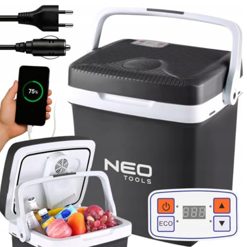 NEO TOOLS Nevera de viaje 2 en 1 para calefacción y refrigeración, 3,8 kg, 26 l, dimensiones 405 x 320 x 430 mm, modo ecológico, alimentación 230 V y 12 V, panel de control electrónico, cable de