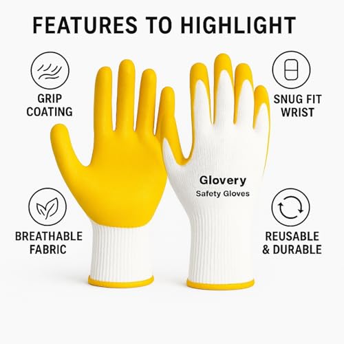 Image of Nylon Safety Work Gloves with Nitrile Coating - Industrial-Grade Protection for Cleaning, Warehouse, Mechanics, Construction - Durable, Flexible, Non-Slip Grip (White & Yellow, 10 Pair)