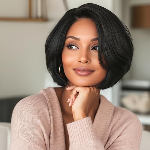 BeiSDWig Short Bob Wig, Synthetic Hair, Black, Natural Looking Synthetic