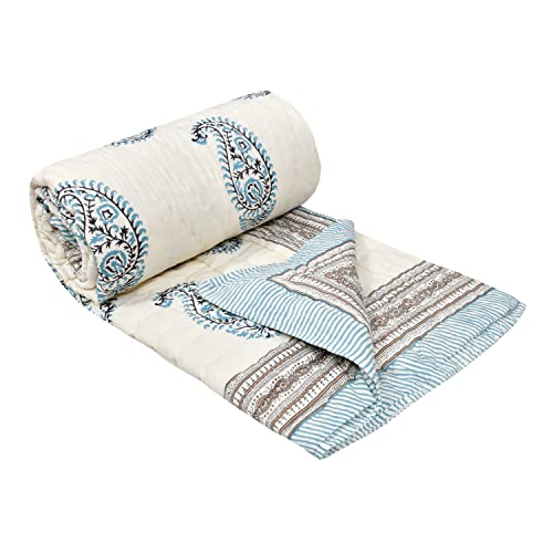 Image of BLOCKS OF INDIA Cotton Single Size Quilt Hand Block Print for Light Winters (60X90 Inches) (Grey Jaal), Lightweight, 300 TC