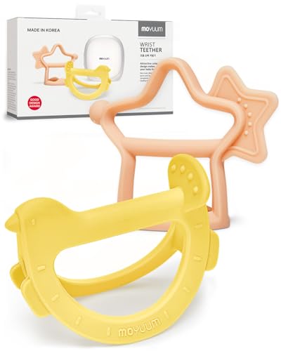 Image of MOYUUM Wrist Teether Gift Set 100% Silicone Wearable Type Baby Chew Toy Baby Gift for Newborn, Roly Poly Toy Silicone Teething Toys for Infant and Toddler Bracelet Type (Bird Yellow, Star Coral Beige)