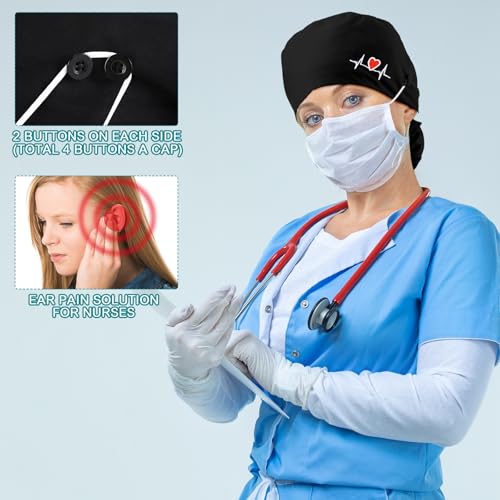 Image of 8 Pcs Satin Lined Scrub Caps, Nurse Hats with Buttons Sweatband, Adjustable Ponytail Surgical Caps for Women