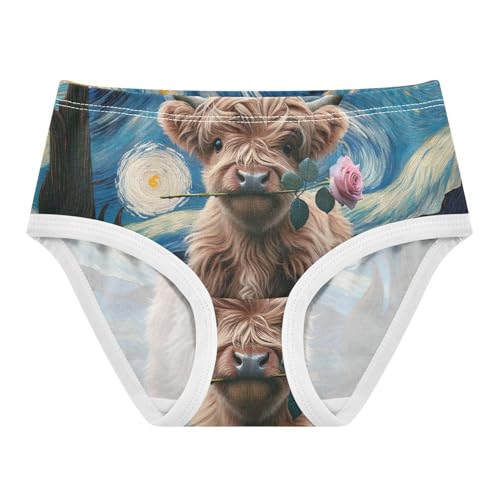 Highland Cow Starry Night Kids Underwear, Toddler Girl Briefs, Cotton Underwear Girls, 2–8 Years