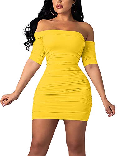 GOBLES Women s Summer Short Sleeve Sexy Bodycon Ruched Mini Party Dress Yellow
