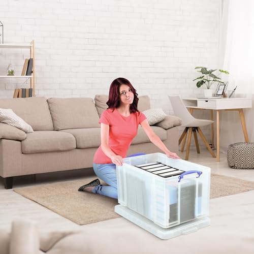 Image of Really Useful Box 84 Liters Storage Container with Snap Lid and Clip Lock Handle for Lidded Home and Item Storage Bins, 4 Pack, Clear