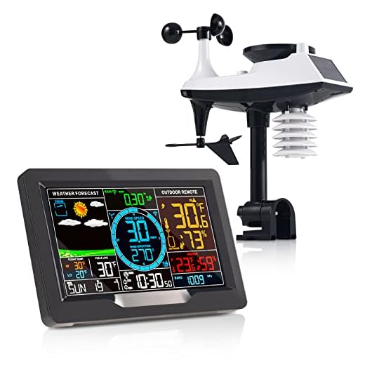 Professional Weather Stations Indoor Outdoor Thermometer Wireless Color Display Atomic Clock with Rain Gauge, Wireless Thermometer Weather Station with Outdoor Sensor, Wind Speed and Direction