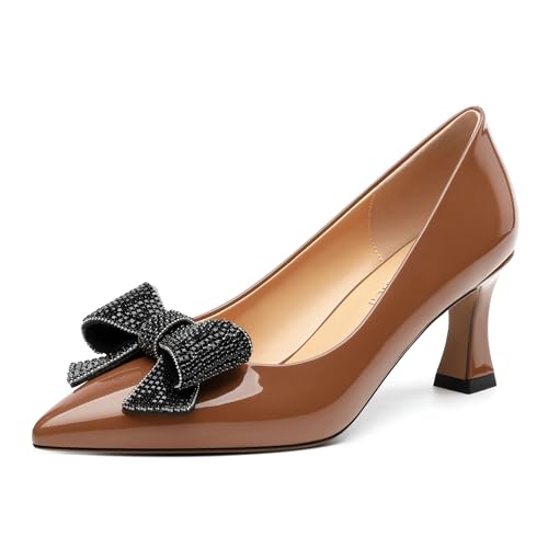 Image of Heels for Women Closed Patent Pointed Toe Bow Pumps Slip on Kitten Low Heels Wedding Party Dress Office Shoes 2.5Inch