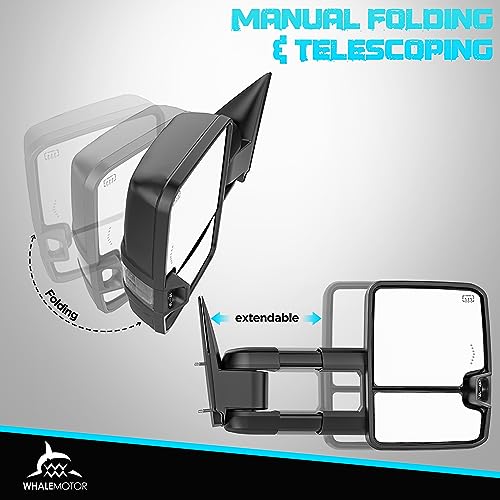 Image of WHALEMOTOR Smoked Heated Tow Mirrors Compatible with 2003-2006 Chevy Silverado GMC Sierra 1500 2500 3500, Extended Trailer Towing Side Mirror w /Backup Light, Tahoe Suburban Avalanche Yukon Escalade
