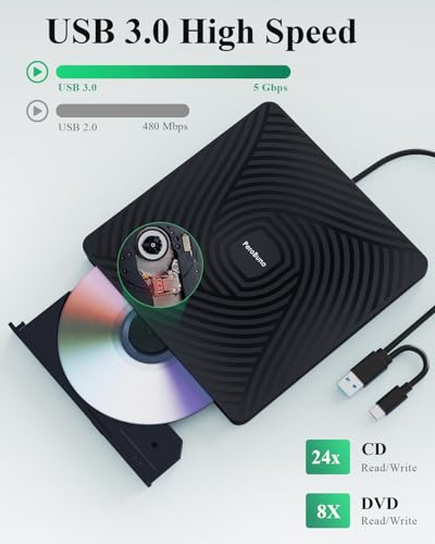Image of PeroBuno External CD DVD Drive, USB 3.0 Type-C Optical Drive, 0.5-inch Ultra-Slim Portable DVD CD ROM Disc Player Reader Writer Rewriter Burner Recorder for Laptop PC MacBook Windows Linux Mac OS