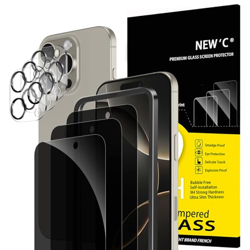 NEWC 3x Privacy for iPhone 16 Pro Max Screen Protector (6.9 inches)+ 3x Camera Lens Protector Sensor Protection Case Friendly Tempered Glass Film + Dust Plug - Easy installation tool included