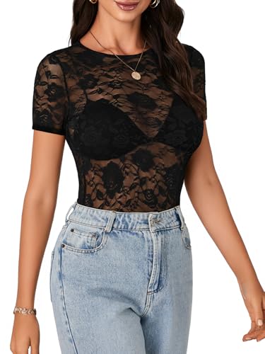LYANER Women's Lace Top Short Sleeve Crewneck Fitted Mesh Sheer T-Shirt4