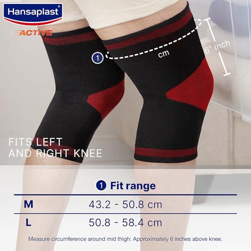 Hansaplast Active Knee Support for Men & Women| Pair | Size M |Knee Brace for Long Lasting Pain Relief, Stability & Targeted Compression | Skin Friendly Knee Cap with Breathable Material & Comfortable Fit| Walking, Jogging, Gym