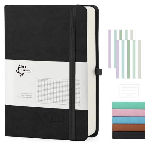 Fasood Notizbuch A5 Kariert, Hardcover Journal Notizbücher mit 320 Seiten, 100g/m² Dickes Papier, Mehrfarbige Registerkarten, Stiftlasche und Dokumententasche, für Schule, Büro (Schwarz)