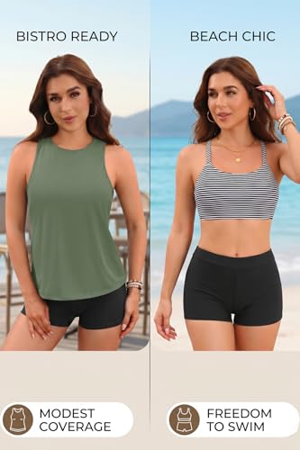 Image of 3 Piece Swimsuits Open Tie Back Tankini Top And Athletic Swim Shorts | Supportive Strappy Swim Bra, Adjustable Straps, Removable Pads, Tummy Control Boy Shorts, Quick Dry Fabric, XXS-20 Plus