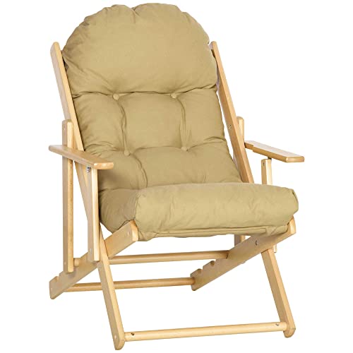 HOMCOM Fauteuil Chaise de Salon Pliable et inclinable en Bois Fauteuil Relax Confortable avec Coussin capitonné épais - 71 x 89 x 96 cm Marron Clair