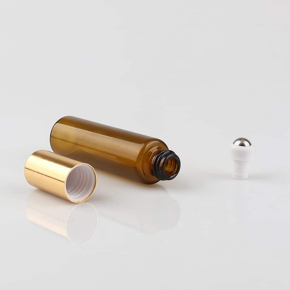 Lot de 20, Flacons à Bille pour Huiles Essentielles 10ml – Bouteilles Roll On en Verre Marron Ambre avec Or Bouchon à Vis avec 1x décapsuleur 1x entonnoir 1x pipette