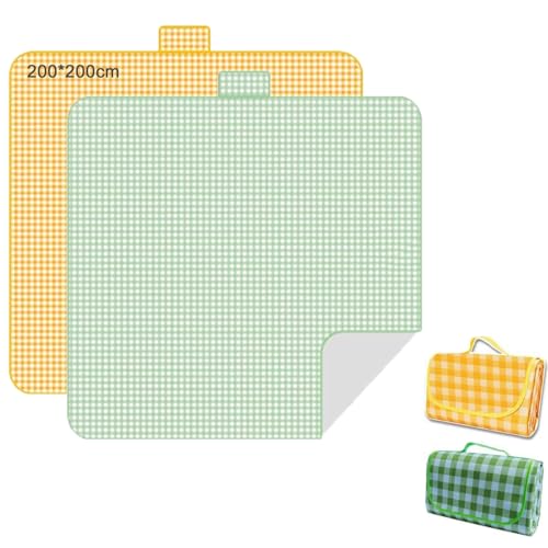 Juego de 2 mantas de picnic XXL 200 x 200 cm, impermeables, para camping, manta de playa plegable para 4 – 6 personas, lavable y ligera, esterilla de picnic con asa, para senderismo, viajes,