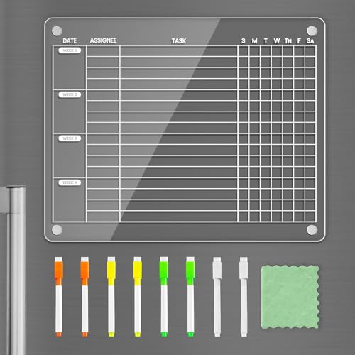 PigPotParty Acrylic Magnetic Monthly Chore Chart for Multiple Kids Roommates – 12"x9.5" Rotating Weekly Task Board for Kids Students Families, Clear Dry Erase Fridge Chart, w/ 8 Markers & 1 Towel