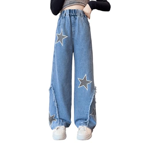 Girl's Star Jeans Baggy Pull On Denim Pants Casual Elastic Waist Wide Leg Jeans Teen Kids Cute Jeans 7-14 Years