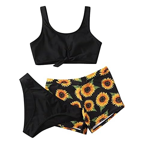Swimsuit Sunflower Print Girls' Summer Crisscross Cute Three-Piece Floral Girls Swimwear (Black, 13-14 Years) Cover