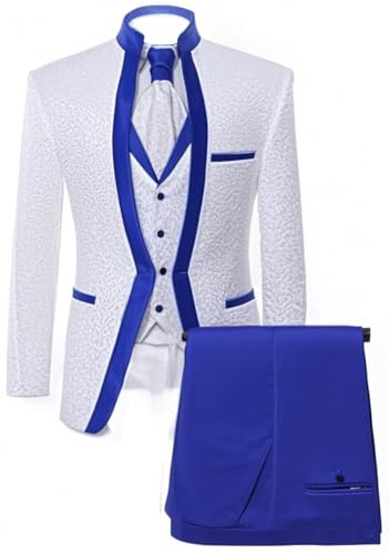 Men's 3-Piece Tuxedo Suit, White and Royal Blue, Formal Wedding Blazer with Vest and Pants