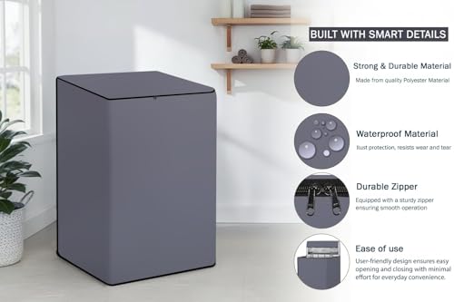 Image of Wings Star Waterproof Top Load Fully Automatic Washing Machine Cover for 6 kg, 6.5 kg, 7kg & 7.5 kg (Grey) - 59 x 59 x 86 cms