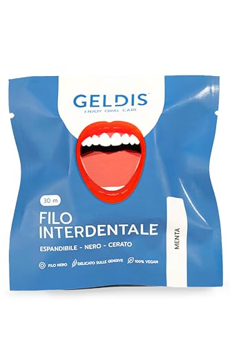 GELDIS Filo Interdentale Espandibile Nero, Gusto Menta, Rimuove Placca in Profondità, Con Cera Vegetale, Per Gengive Sensibili, 30m Senza Plastica