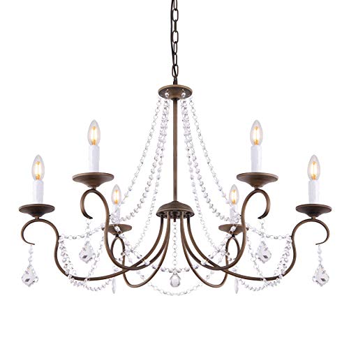 Wellmet Farmhouse Chandelier with Crystal Pendants for Dining Room Kitchen Island Lighting Hanging Fixture, Modern Chandelier for Living Room Bedroom 6 Lights Bronze