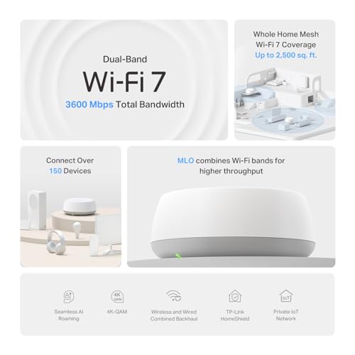 Image of TP-Link Dual-Band BE3600 WiFi 7 Mesh Wi-Fi Router (Deco BE23) | 4-Stream 3.6 Gbps | 160 Mhz Channels | Covers up to 2,500 Sq.Ft | 2x 2.5G Ports Wired Backhaul | VPN,MLO,AI-Roaming, HomeShield (1-Pack)