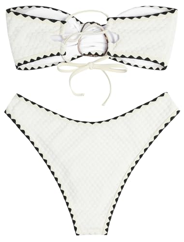 Image of ZAFUL Women's Bandeau Bikini O Ring Strapless Tie Back High Cut Two Piece Swimsuit Bathing Suits