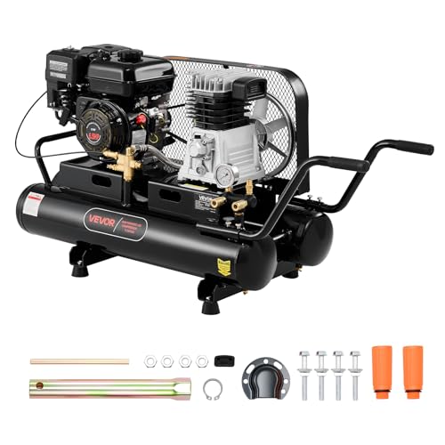 VEVOR 9 Gallon Twin-Tank Gas Powered Air Compressor, 6.5HP 9CFM Gas Driven Air Compressor Tank on Wheels, Max 115PSI Piston Pump Air-Compressed System for Tire Inflation, Auto Repairs, Spray Painting