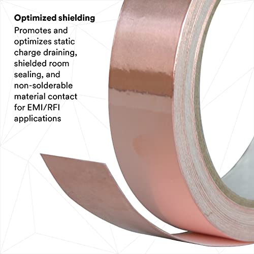 3M EMI Copper Foil Shielding Tape 1181, Cable Wrapping, Non Corrosive, Die Cut, 1 in x 18 yd (25.40 mm x 16.5 m), 9/Case