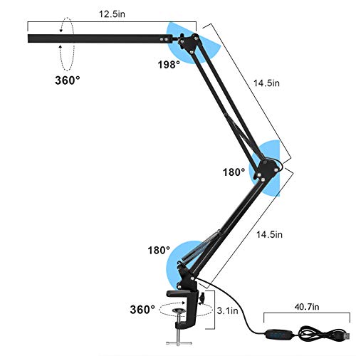 LED Desk Lamp, Table Lamp with Clamp for Computer/Desktop, Eye-Caring, 3 Modes 10 Brightness with USB Charging Port-Bedside Table Lamp for Reading, Study Lamp for Kids, Home, Office, Black