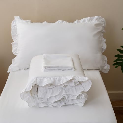 Image of Wellboo Boho White Lace Toddler Bedding Sets for Girls Boys Solid Color Shabby Chic 4 Pieces Soft Crib Bed Set Including Comforter, Sheets and Pillowcase Kids Vintage Rustic Floral Ruffle Quilt Warm