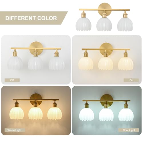 Image of Gold Bathroom Light Fixtures Over Mirror, 3 Light Bathroom Vanity Light with Tulip Milk White Glass Lampshade, Vintage Vanity Lights for Bathroom, Bathroom Vanity Lights Over Mirror