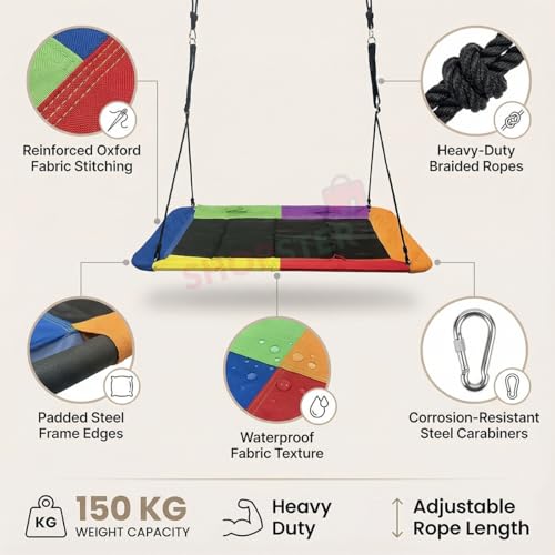 Image of Shopster Giant Platform Swing for Kids & Adults, Large 150 cm x 79 cm Weight Capacity, Children Rope Tree Colorful Rectangular Swing Durable Steel Frame for Hanging Outdoor, Resistant Waterproof