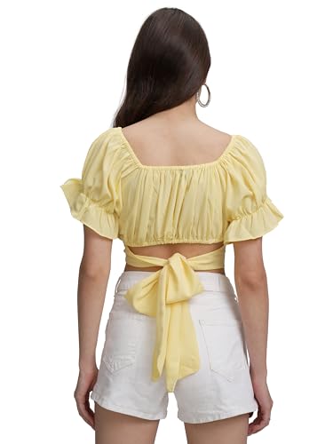 Image of Tokyo Talkies Women's Puff Sleeves Styled Back Crop Top | Cinched Waist | Feminine & Trendy | Perfect for Casual & Day Outings | Tops for Woman | Women Tops | Women Crop Top